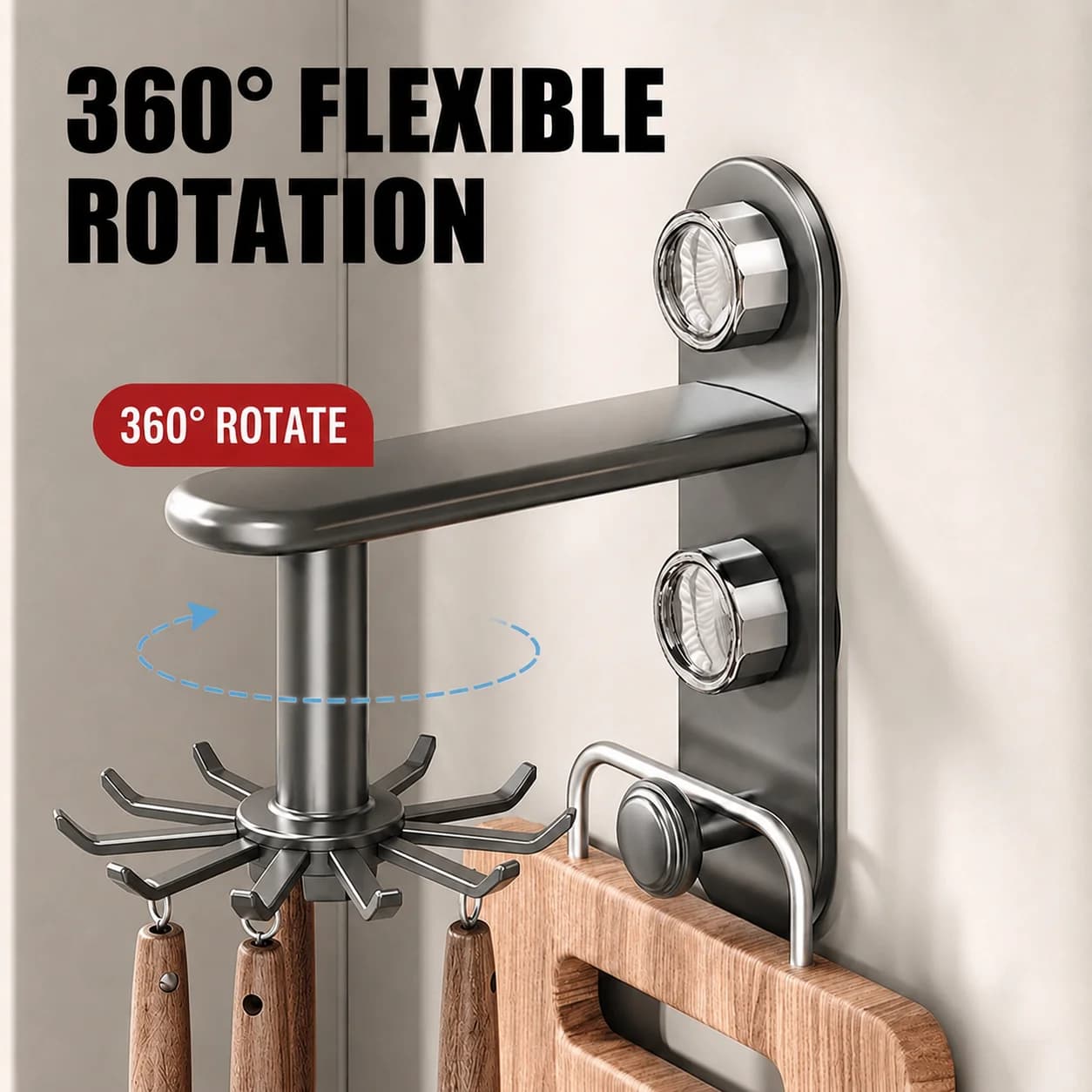 No-Drill Suction Cup Rotating Hook Rack, Aluminum Alloy Wall-Mounted Kitchen Utensil Organizer for Spatulas and Spoons