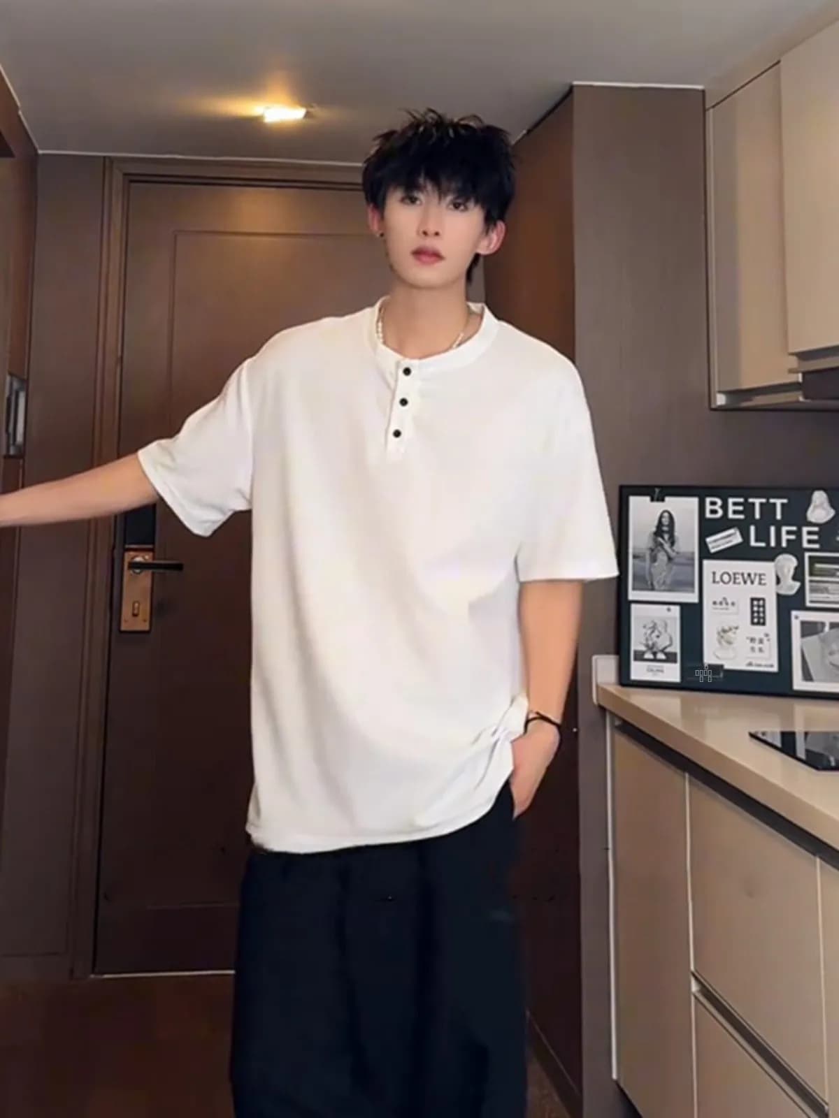Cleanfit White Men's Oversize Five-Quarter Sleeve Henry Collar Summer T-Shirt Waffle Pattern Short Sleeve Fashionable Youthwear