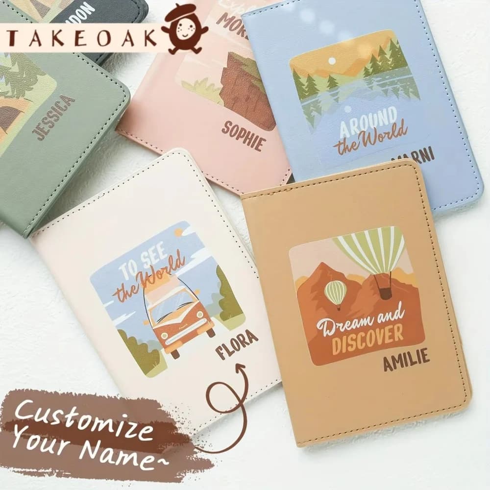 Personalized Custom Name Retro Travel Scenery Print Leather Passport Holder Macaron Solid Travel Wallet Custom Travel Lover Gift