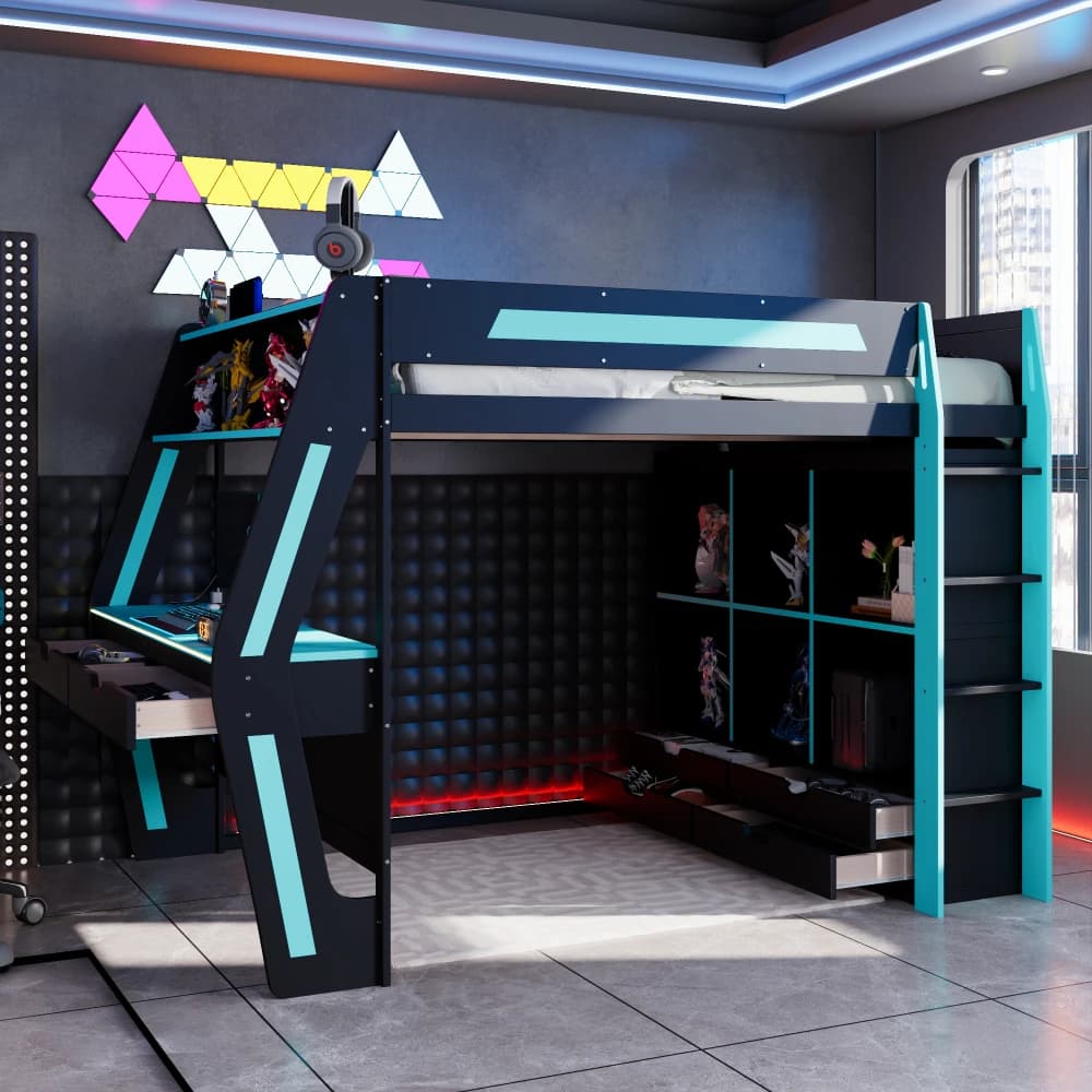 Letto a soppalco gaming full-size con scrivania integrata, letto alto in legno con 6 vani portaoggetti, 6 cassetti e scala di sicurezza