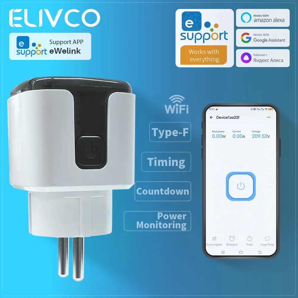 Presa intelligente eWelink WiFi 16A con timer/conto alla rovescia/monitoraggio della potenza, compatibile con Home Assistant/Google Assistant/Alexa