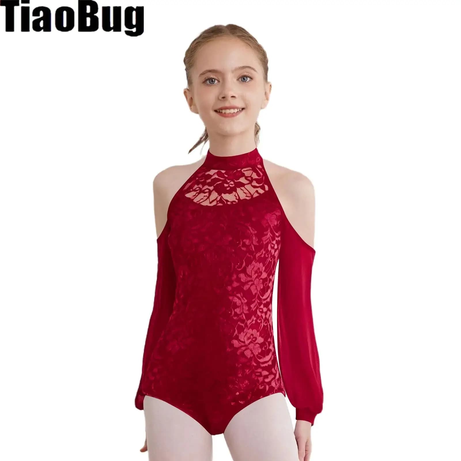 Body da balletto per ragazze Costume da pattinaggio di figura Collo a lupetto Spalla fredda Maglia trasparente Maniche lunghe Pizzo Yoga Ginnastica Tuta da ballo