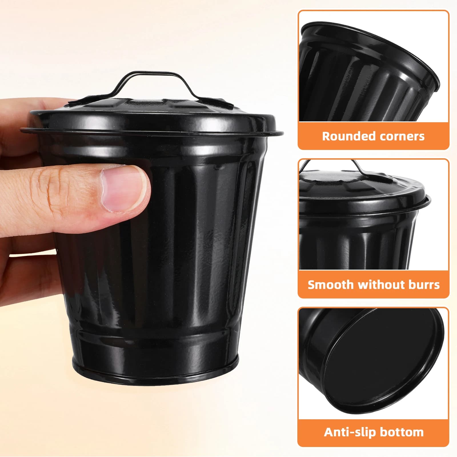 Mini cestino per rifiuti da ufficio in metallo nero con coperchio, cestino da scrivania per soggiorno, porta penne, contenitore per rifiuti con coperchio