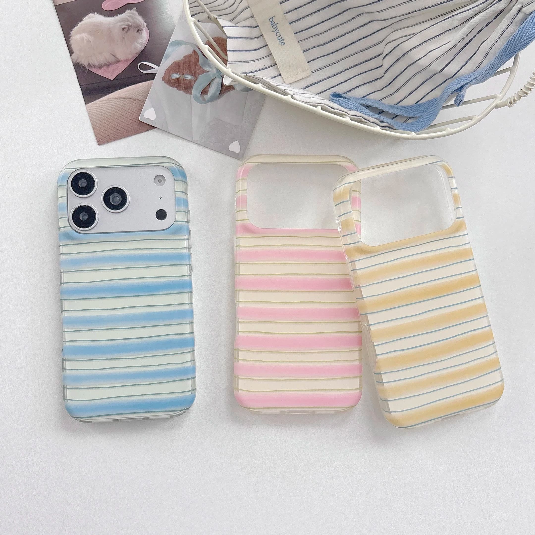 Fashion Simple Horizontal Stripe Pattern Blue Pink Yellow Shockproof Protective Cover Case For iPhone 17 16 15 14 Pro Max