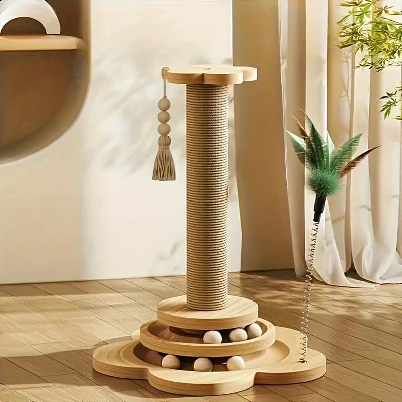 Tiragraffi 3-in-1 per Gatti – Tiragraffi in Legno Massello con Sisal, Cuccia, Bastone Gioco, Struttura Verticale Resistente per Arrampicata