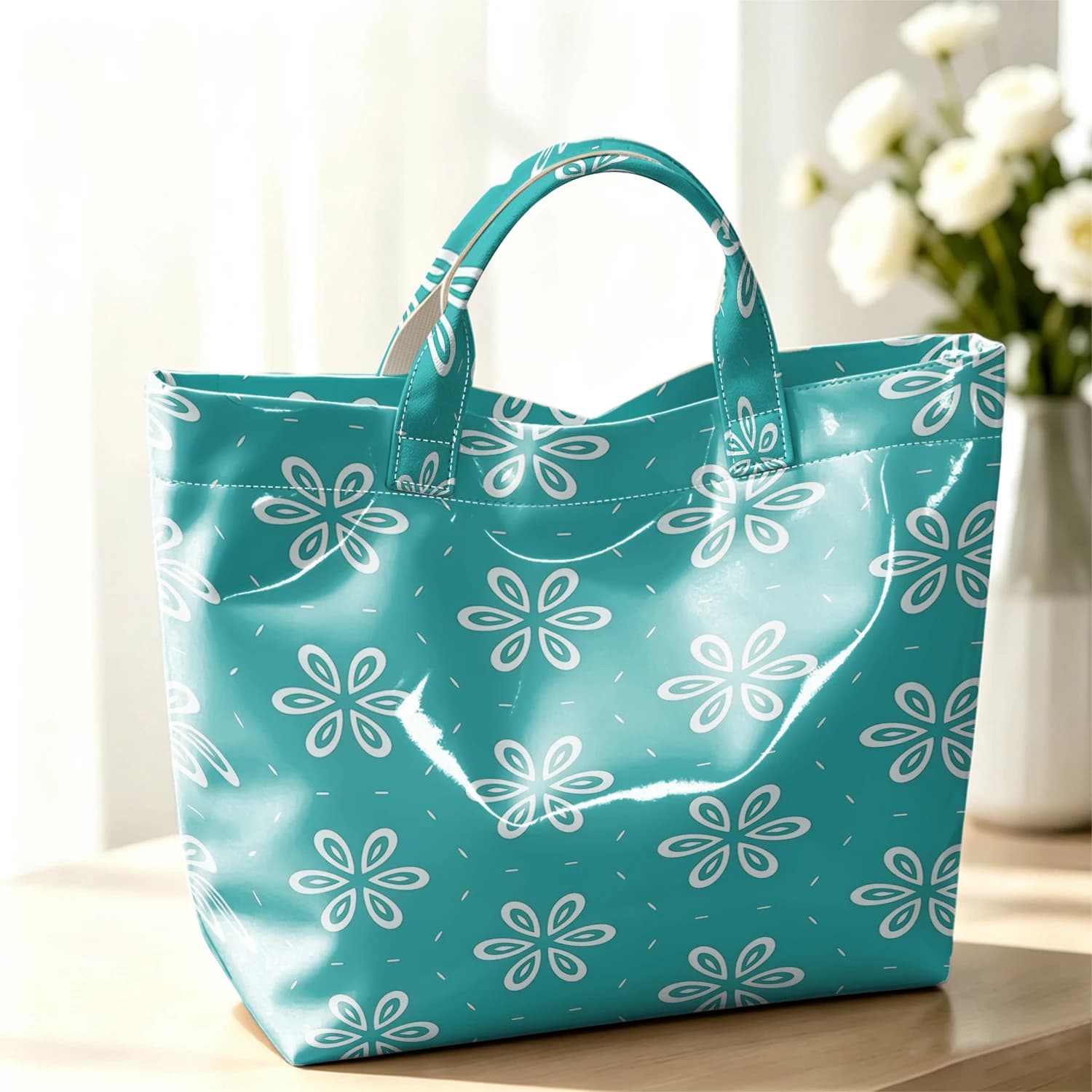 Minimal Teal Bloom Hot Sale Large Glossy PVC Tote Bag Hand Washable Waterproof Great for Travel Commute Makeup Storage Handbags