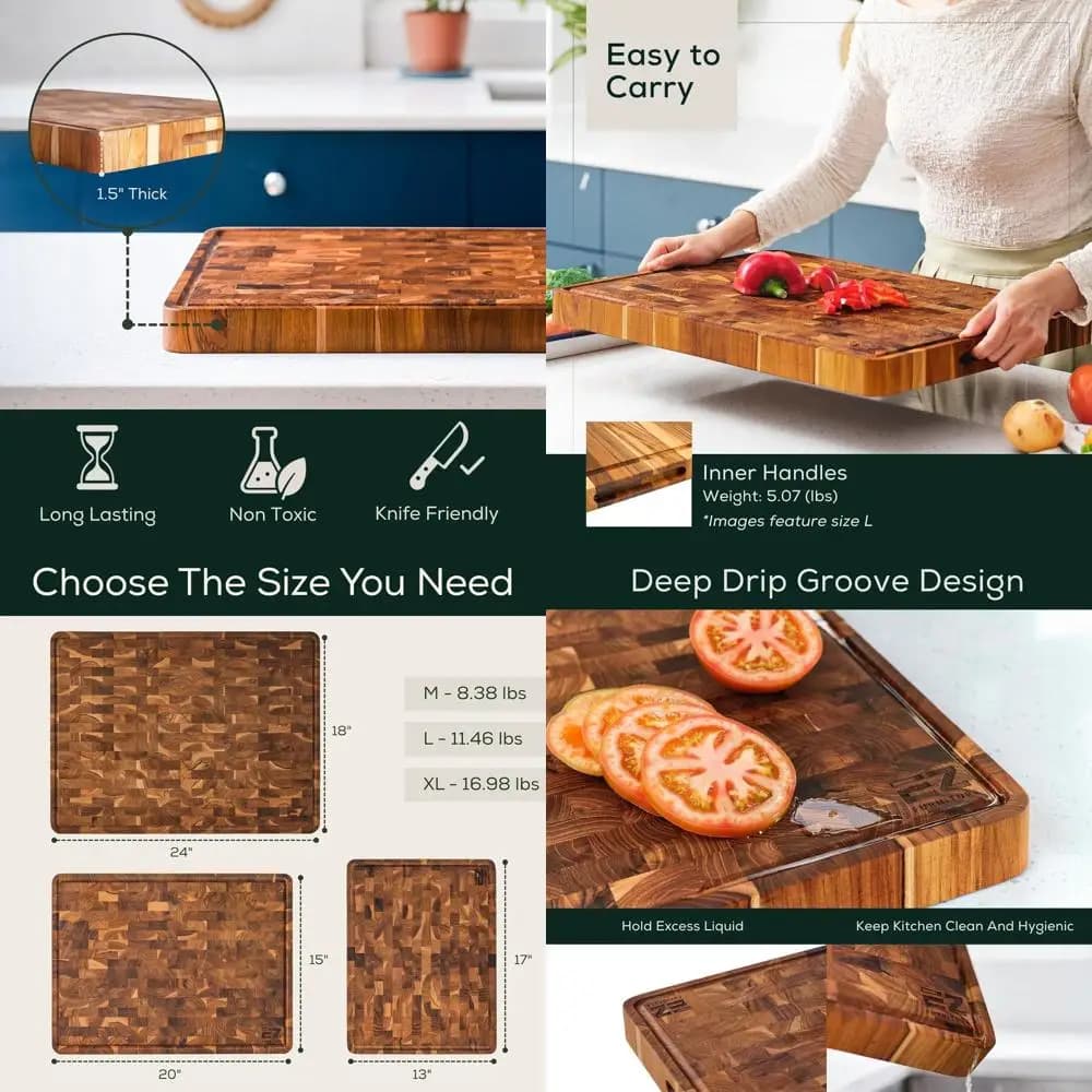 17 x 13 Tagliere for fine-grain teak wood, pre-boiled, juice groove, handles, suitable for knives, coated with mineral oil