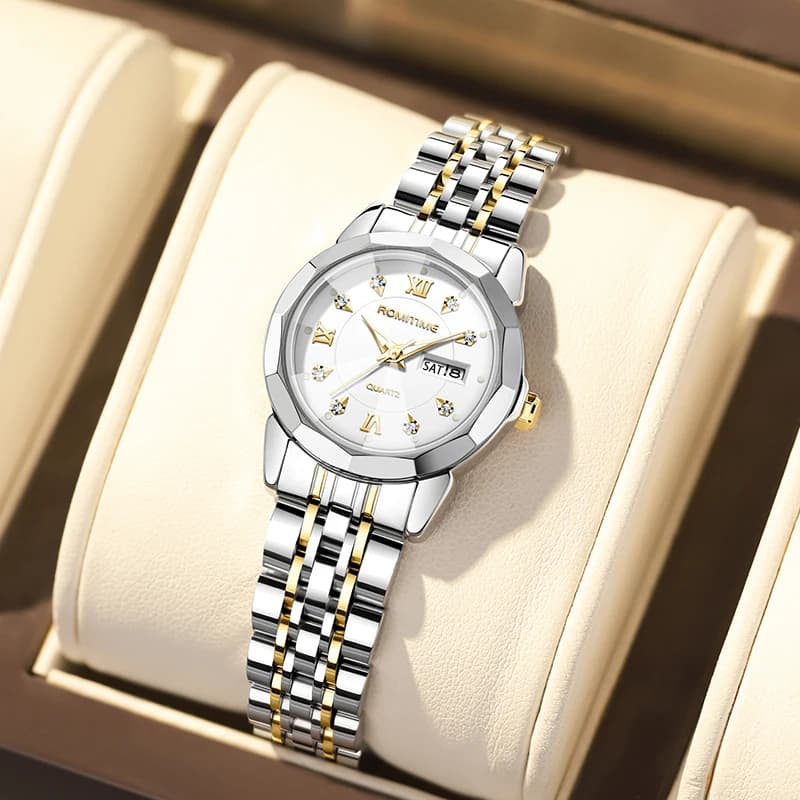 ROMITIME Orologio al quarzo da donna di lusso con cassa sfaccettata in lega Display a doppio calendario per il tempo libero Orologio da donna luminoso impermeabile 30M