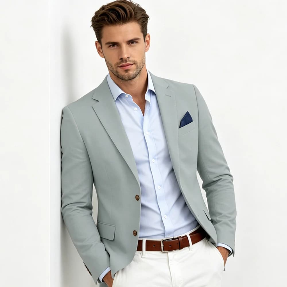 Blazer da uomo in misto lino con revers a reversi, due bottoni, giacca traspirante per affari, casual, matrimoni e uso quotidiano