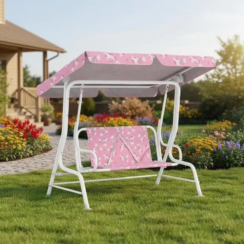 Kids Porch Swing, 2-Seater Patio Swing Bench Hammock with Seat Belts, Adjustable Canopy for Garden, Pink