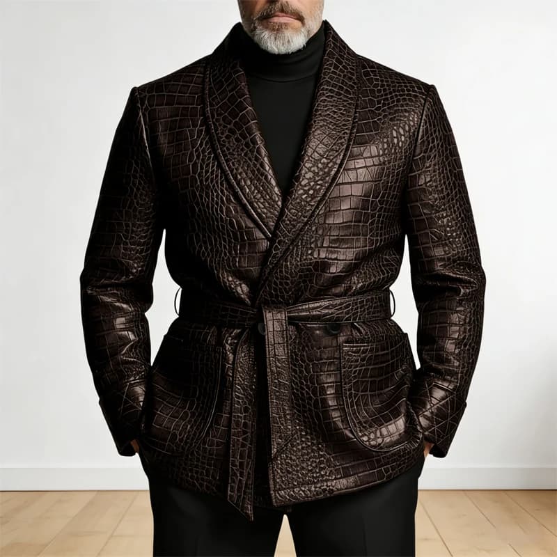 Men's Crocodile Pattern Leather Blazer Double Breasted Belted Shawl Collar Jacket Business Formal Party Wedding Casual Wear
