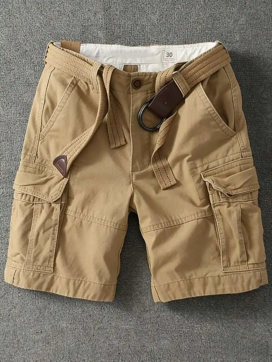 Pantaloncini cargo dritti da uomo color kaki con cintura