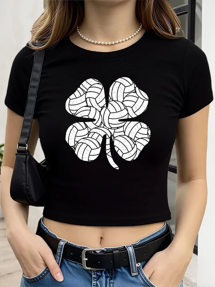 Women's Short Top Shamrock Volleyball T-shirt slim fit black short sleeves Summer Top basic