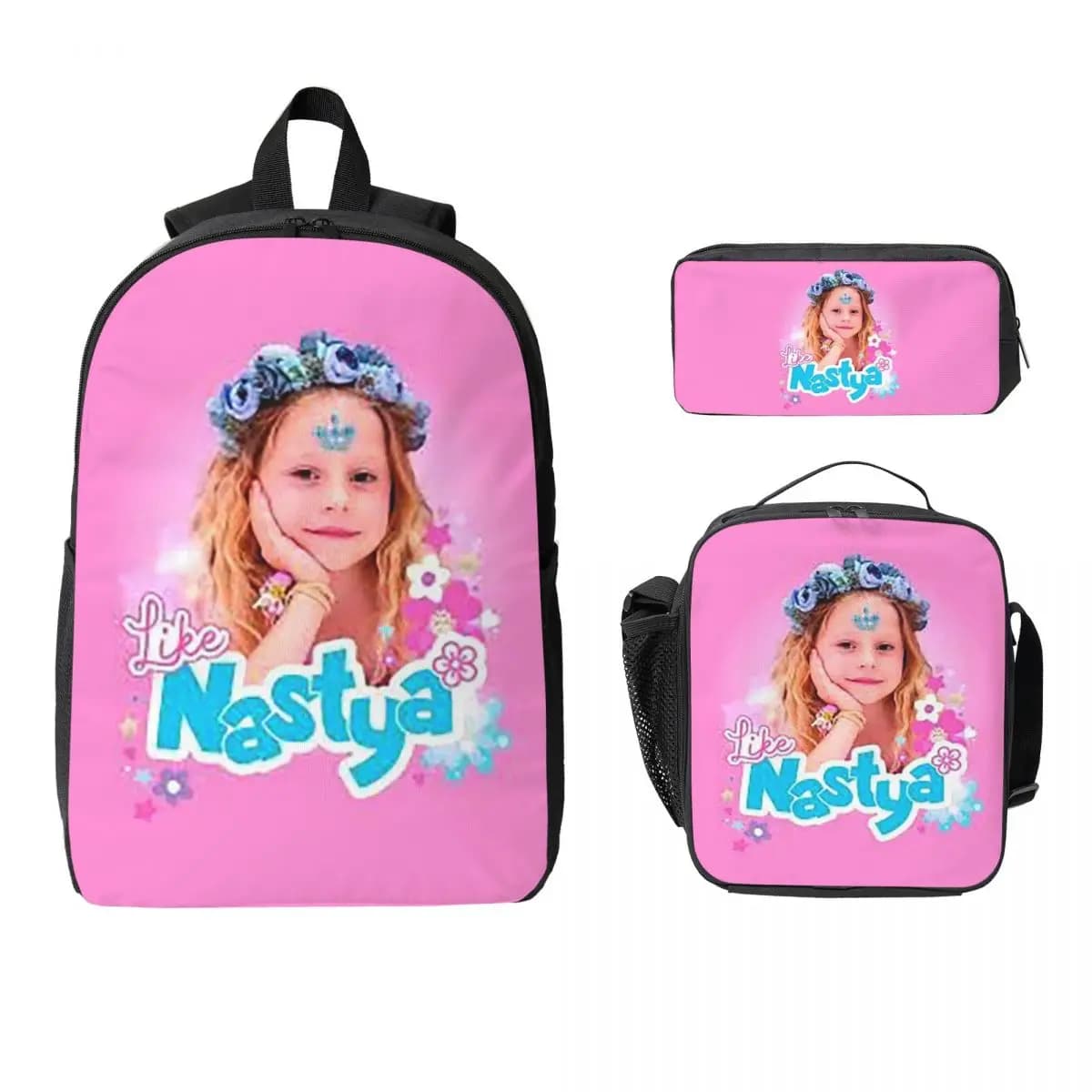 Zaino Cartoon Like Nastya, Borsa per Studenti, Borsa per Computer, Borsa a Tracolla, Set 3 Pezzi con Borsa Termica per Pranzo e Astuccio