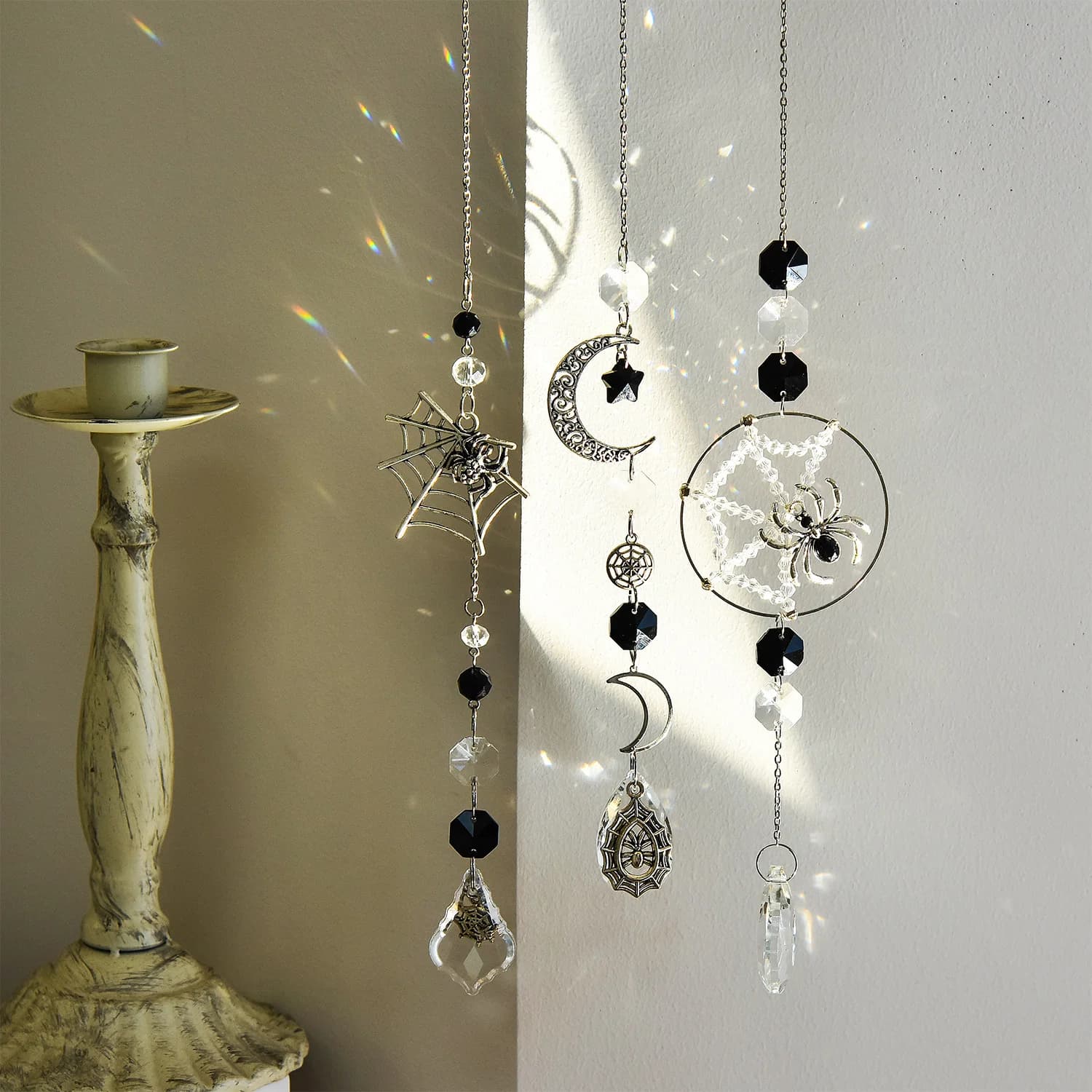 3pcs Spider Web Wall Mounted Wind Chime with Crystal Home and Garden Decor Gothic Halloween Horror Spider Web Decoration