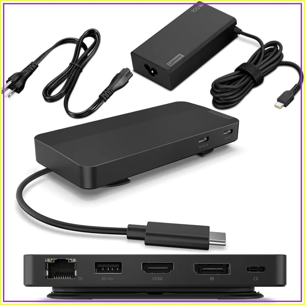 USB-C Dual Display Travel Dock with 100W Power Adapter - 7 Ports, Integrated Cable, Universal Compatibility, 4K Dual Displays