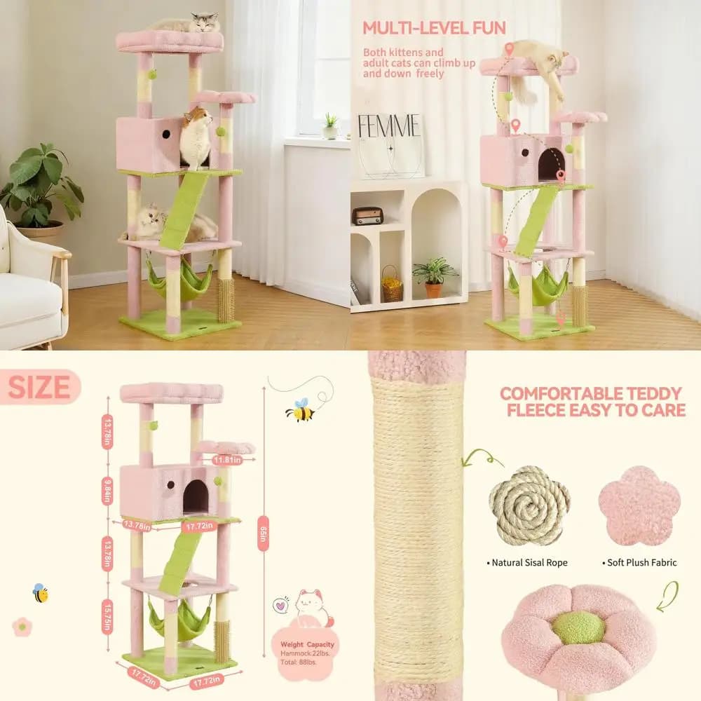 Grande Torre per Gatti da 65 Pollici con Cuccia Extra Large, 2 Posti Relax, Amaca e 6 Tiragraffi in Sisal per Gatti da Interno