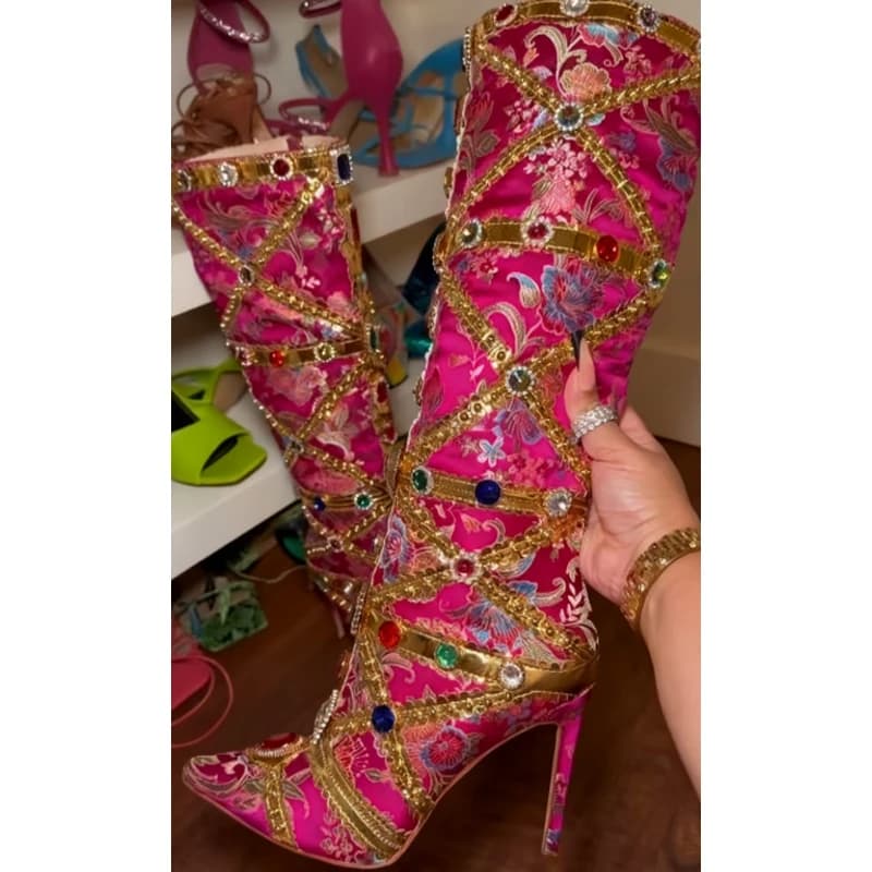 Colorful Pink Strass Golden Accents Knee Boots in Brocade Black Gold Plated Edges Boots with high pointed heel embroidered