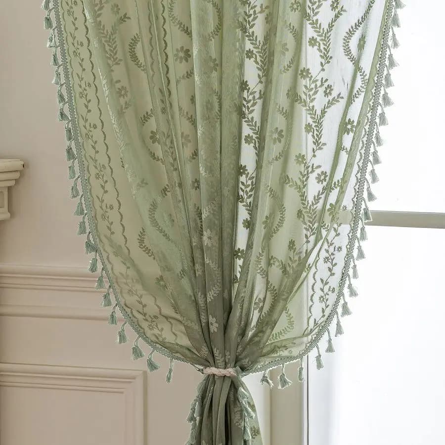 Tende Trasparenti Verdi Lunghe 84 Pollici, 2 Pannelli, con Tasca per Asta, Pannelli per Finestre in Pizzo Filtranti la Luce per la Privacy, Eleganti con Nappe Stile Rustico