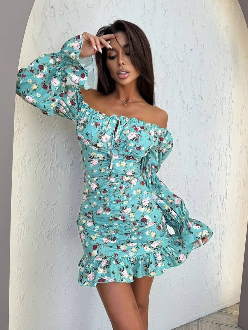 Marthaqiqi Stampa Camicie da notte da donna Camicia da notte con lacci Manica lunga Pigiama Slash Neck Indumenti da notte Mini abito casual Indumenti da notte femminili