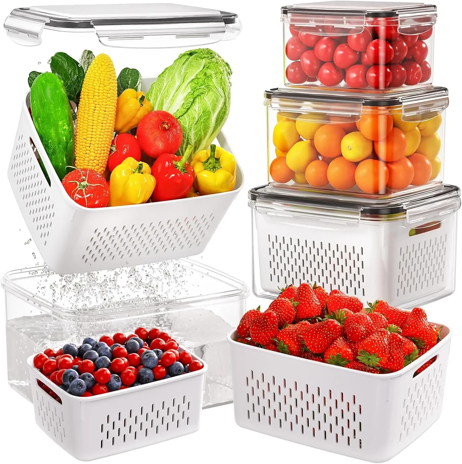 4 Pack Refrigerator Produce Storage Containers with Drain Basket, All-in-One Fruit Veggie Washing Box BPA Free Stackable Fridge Organizer