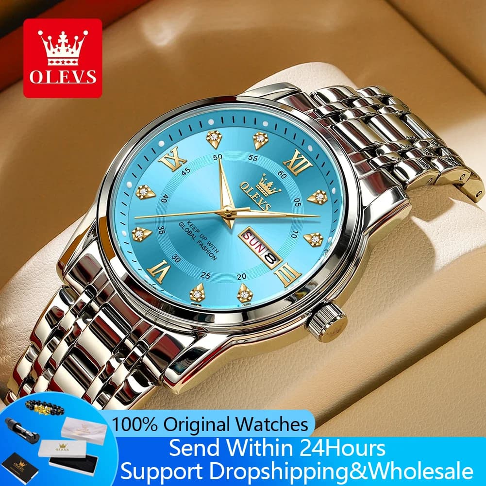 OLEVS 5513 Orologi da uomo Esclusivo doppio calendario Orologio al quarzo originale da uomo Orologio da polso alla moda impermeabile con scala romana con diamanti