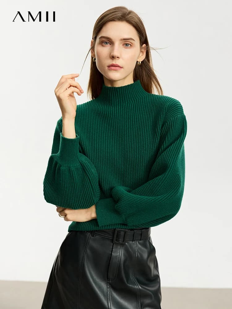 AMII Minimalista Maglione di Lana Per Le Donne 2025 Inverno Nuovo Semplice Allentato Top Mock Neck Lanterna Manica Pullover Base Top 12324045