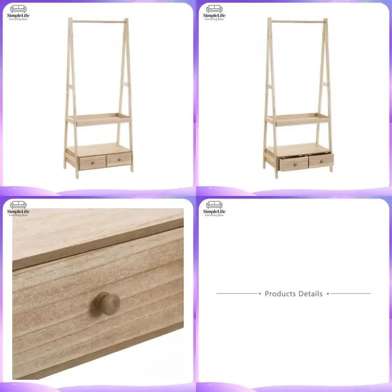 Wooden Coat Rack Stand with 2 Drawers Modern Living Room Hallway Clothes Hanger Organizer Free Standing Entryway Furniture