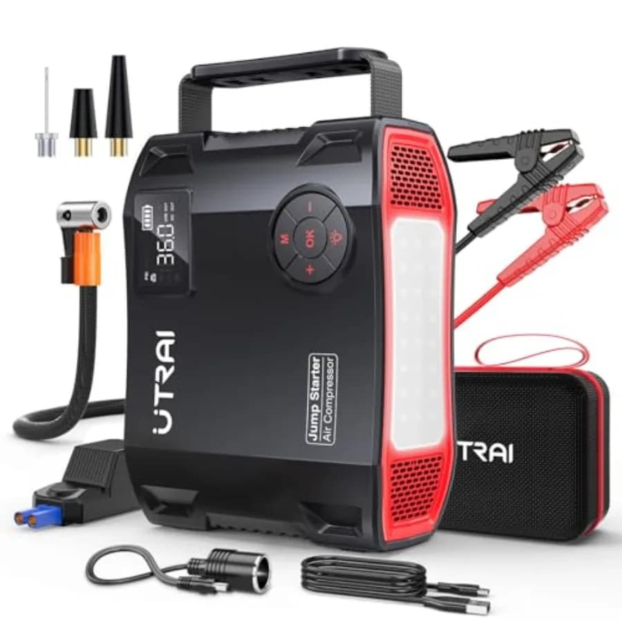 Avviatore di emergenza con compressore d'aria 6000A 27000mAh Scatola di emergenza per avviamento per auto con gonfiatore per pneumatici da 150PSI Confezione di salto portatile per tutti