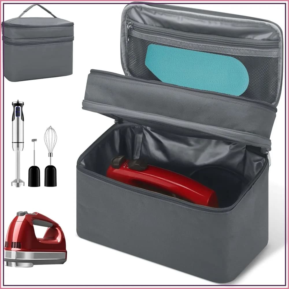 Hand Mixer Case for Kitchen Aid - Immersion Blender Attachments Storage Bag, Blender Stick Handheld Carrying Case with Handle, Hand Mixer Accessories Portable Travel Organizer (Bag Only) Gray
