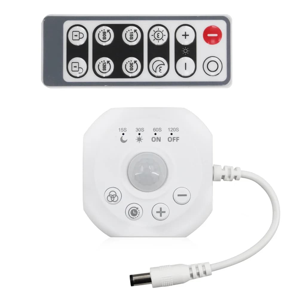 Regolatore Dimmer con Sensore di Movimento PIR per Strisce LED Monocromatiche, Rilevamento Presenza Umana con Ritardo Regolabile 15-120s, Telecomando Incluso