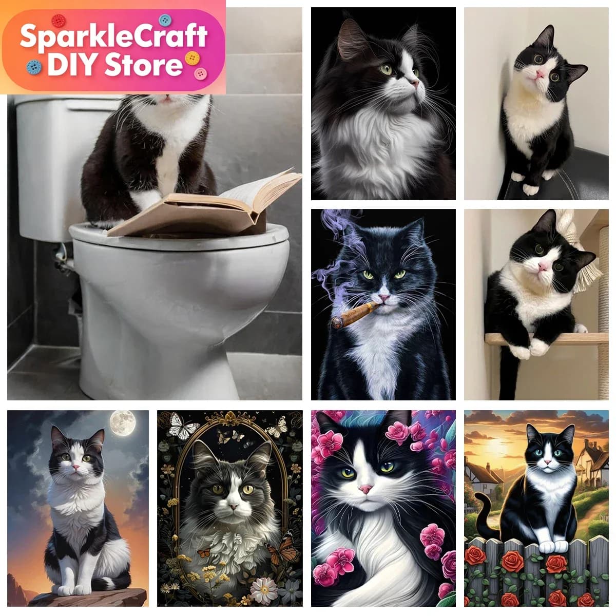 1pc frameless New Cow Cat DIY Diamond Painting Kit Black and White Cats Portrait Diamond Embroidery Mosaic Painting Hand Gift