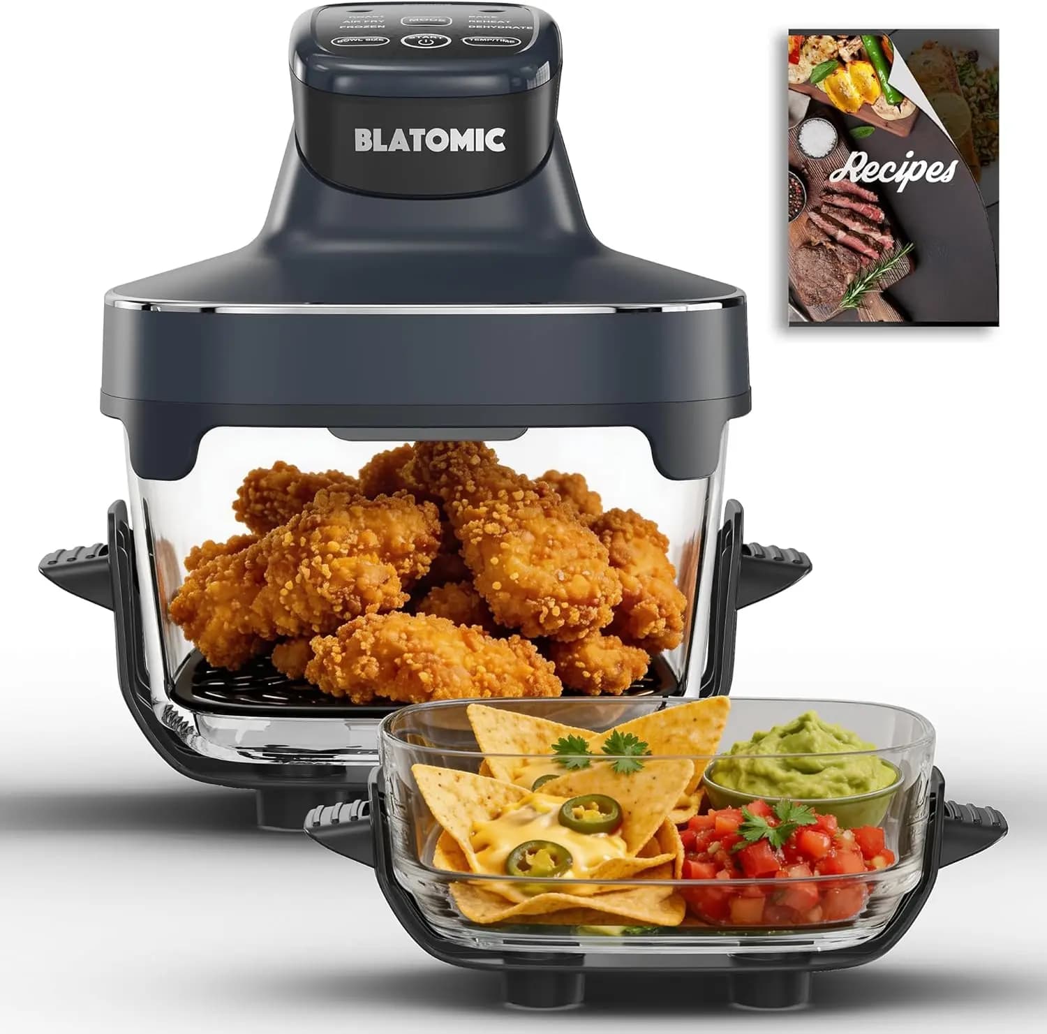 Friggitrice ad Aria 6 in 1 in Vetro, Forno da Banco ad Alta Potenza 1500W con 2 Ciotole in Vetro Intercambiabili da 6Qt e 4.7Qt, Ceramica Non Tossica
