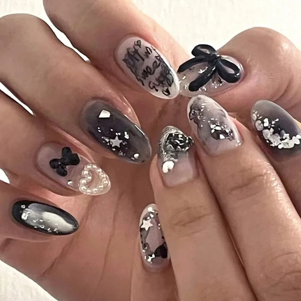 24pcs Sweet False Nail Patches Detachable Fake Nail Tips With Bowknots Love Heart Pearl Design Pink Almond Korean Press On Nail