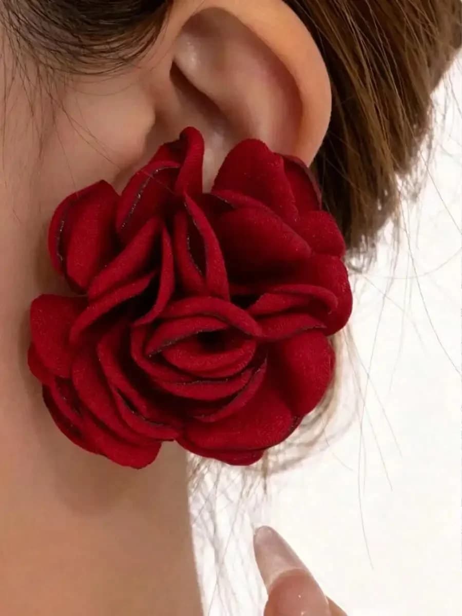 Red Fabric Rose Flower Earrings For Women Elegant Romantic Drop Earrings