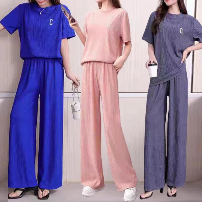 2024 Rughe Ricamo Top a maniche corte Dritto Gamba larga Pantaloni lunghi Set Donna Causale 2 pezzi Pigiama Abbigliamento da casa Pigiama