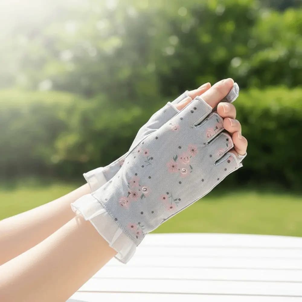 1 Pair Breathable Sunscreen Half-finger Gloves Quick Dry Silicone Anti Slip Lace Mesh Gloves Thin Floral Printed