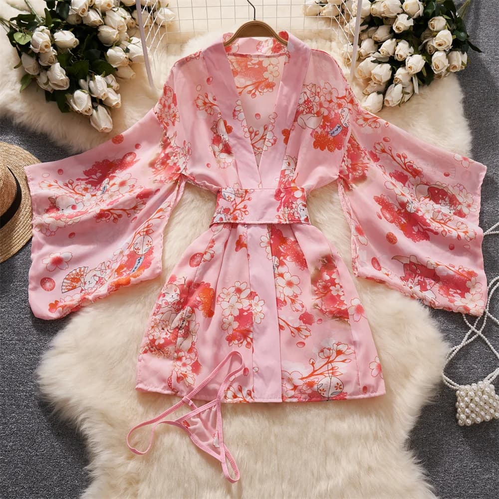 Abito corto con stampa Hotsweet rosa Kimono sexy trasparente con maniche a petalo Accappatoio da donna Abiti segreti Lingerie erotica Nuovo in abito pigiama