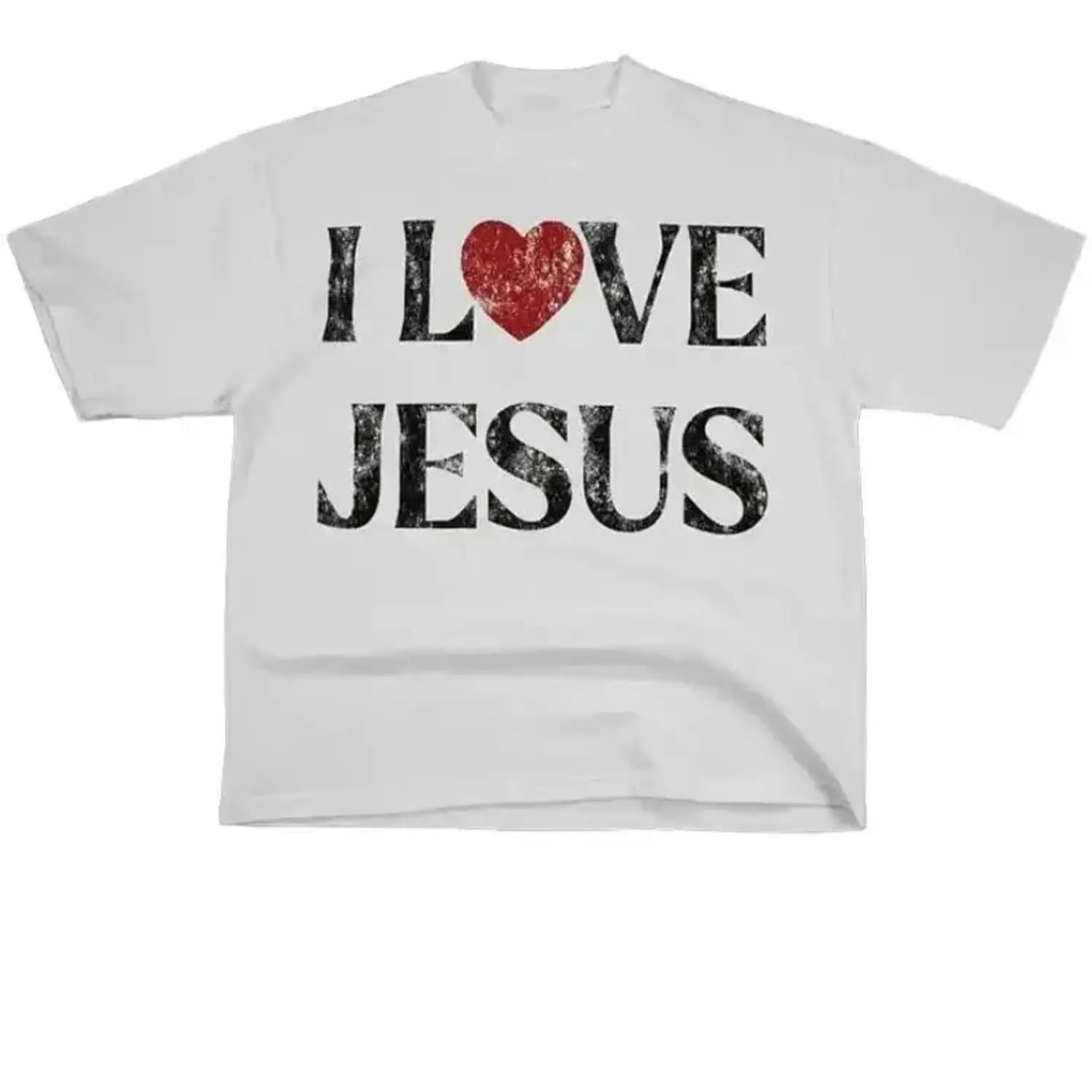 Women's Vintage "I Love Jesus" Graphic Tee - Short Sleeve Crew Neck T-Shirt with Retro Appeal, Cotton-Polyester Blend, Perfect Gift for Men