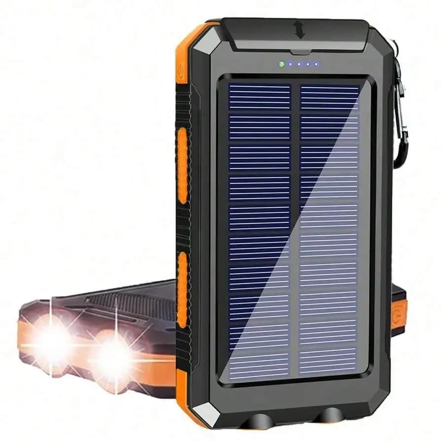 Power Bank Solare da 30000mAh con Doppia Torcia LED per Campeggio, Viaggi e Emergenze