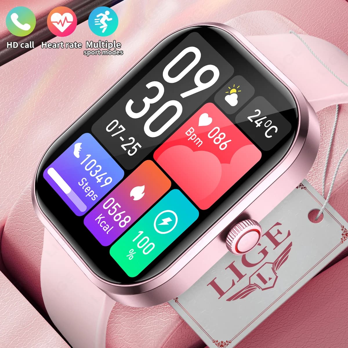 LIGE Smart Watches Ladies Bluetooth Call Sport Bracelet for Android IOS women's Health Monitor Gift Music Clock Smartwatch Pink