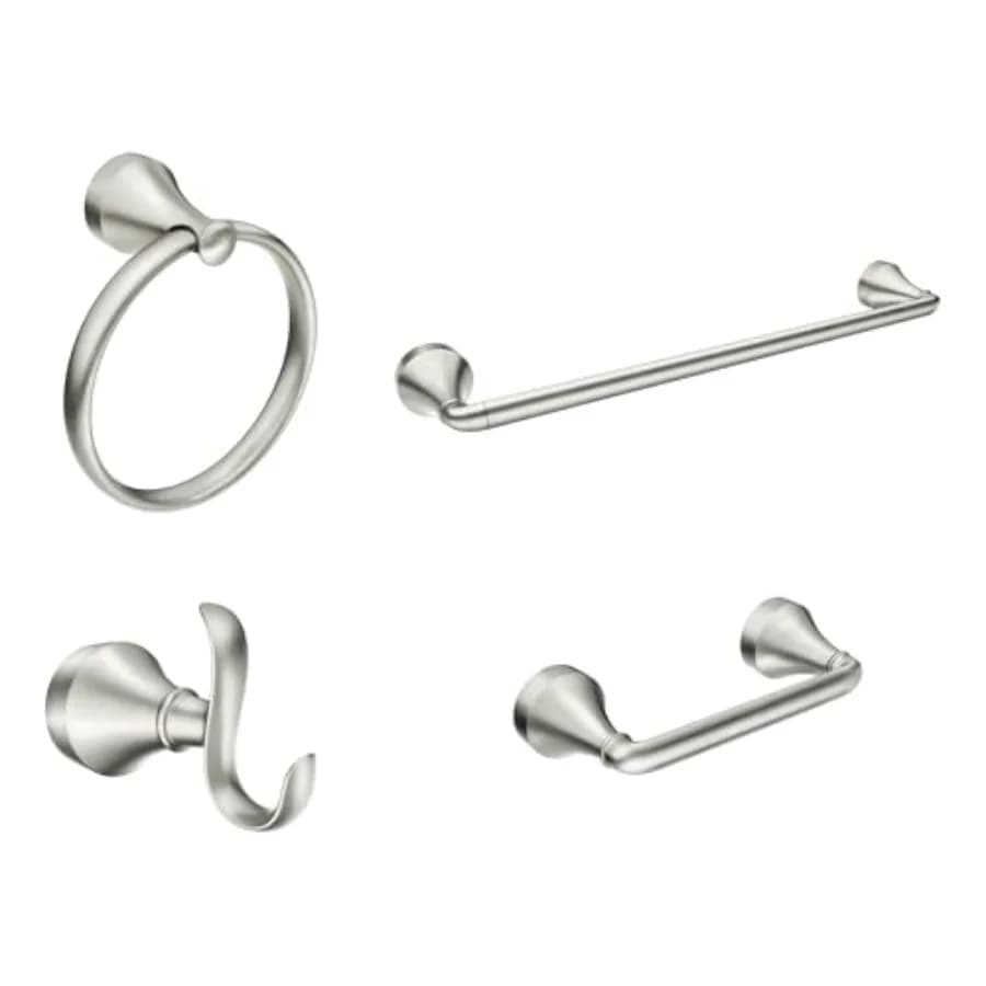 Collezione di accessori da bagno Wellton in nichel spazzolato, 4 pezzi, include anello portasciugamani, gancio per accappatoio, portasciugamani e supporto per WC girevole