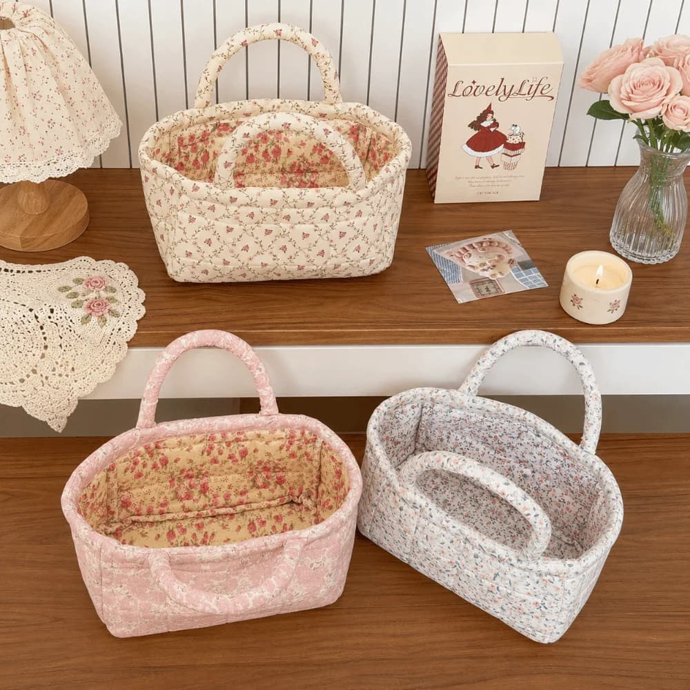 Quilted Quilted Storage Basket Dual Handles Fabric Foldable Fabric Basket Floral Print Soft Padded Laundry Basket With Handles