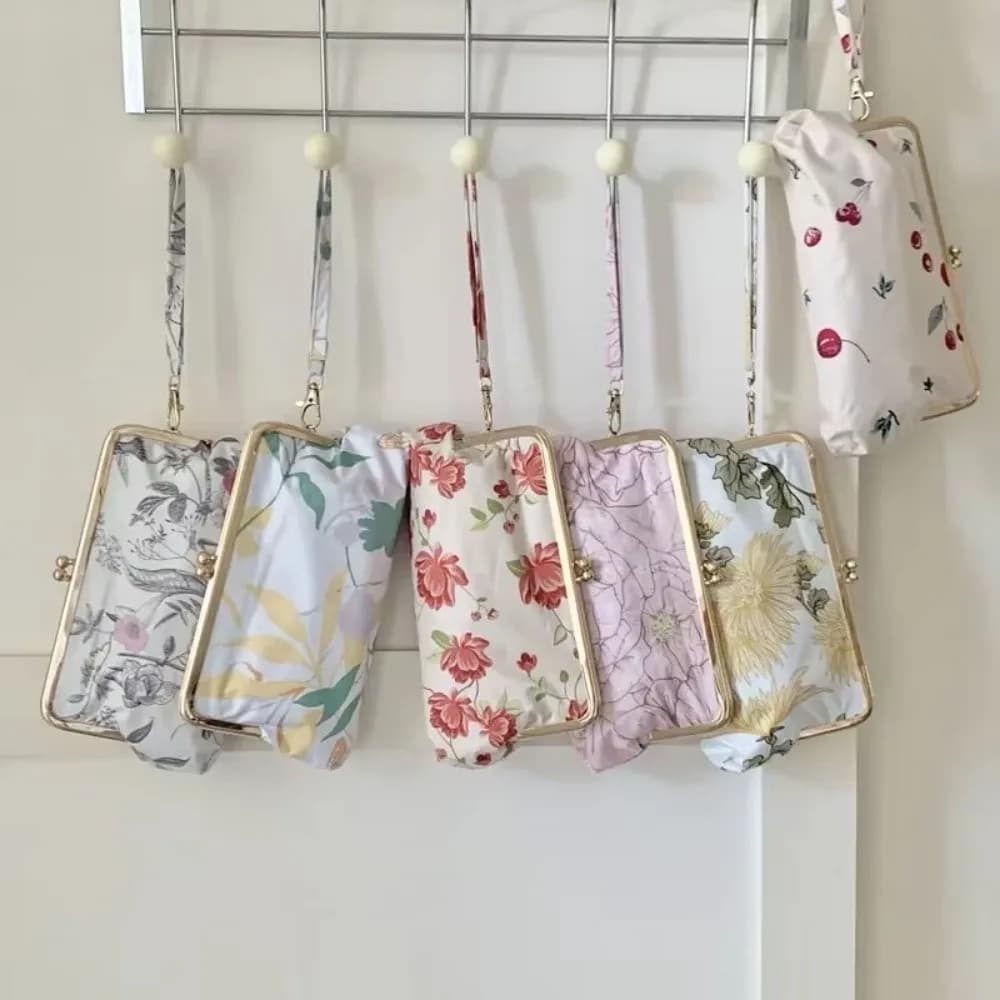 Ombrello Pieghevole Mini a Doppio Uso, Design a 6 Stecche, Ombrello Tascabile Antipioggia con Motivo Floreale, Ombrello Parasole da Esterno con Custodia a Portafoglio