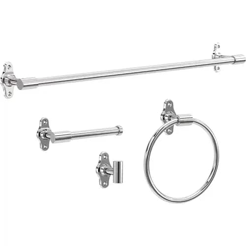 Polished Chrome 4-Piece Bathroom Set: 18″ Wall-Mounted Towel Bar, 6″ Toilet Paper Holder, Circular Hand Towel Ring, and Robe