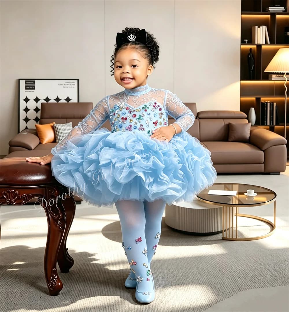 Light Blue Gemstone Decoration Flower Girl Dresses for Wedding Knee Length Cute Toddler Puffy Birthday Party Gown