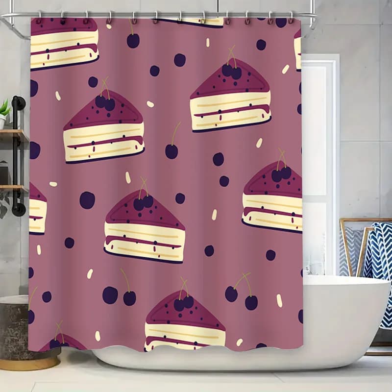 Tenda da doccia con torta rosa Decorazione da bagno impermeabile per la decorazione domestica Copri tappetino da bagno con motivo a fetta di ciliegio bianco viola Dimensioni: 72
