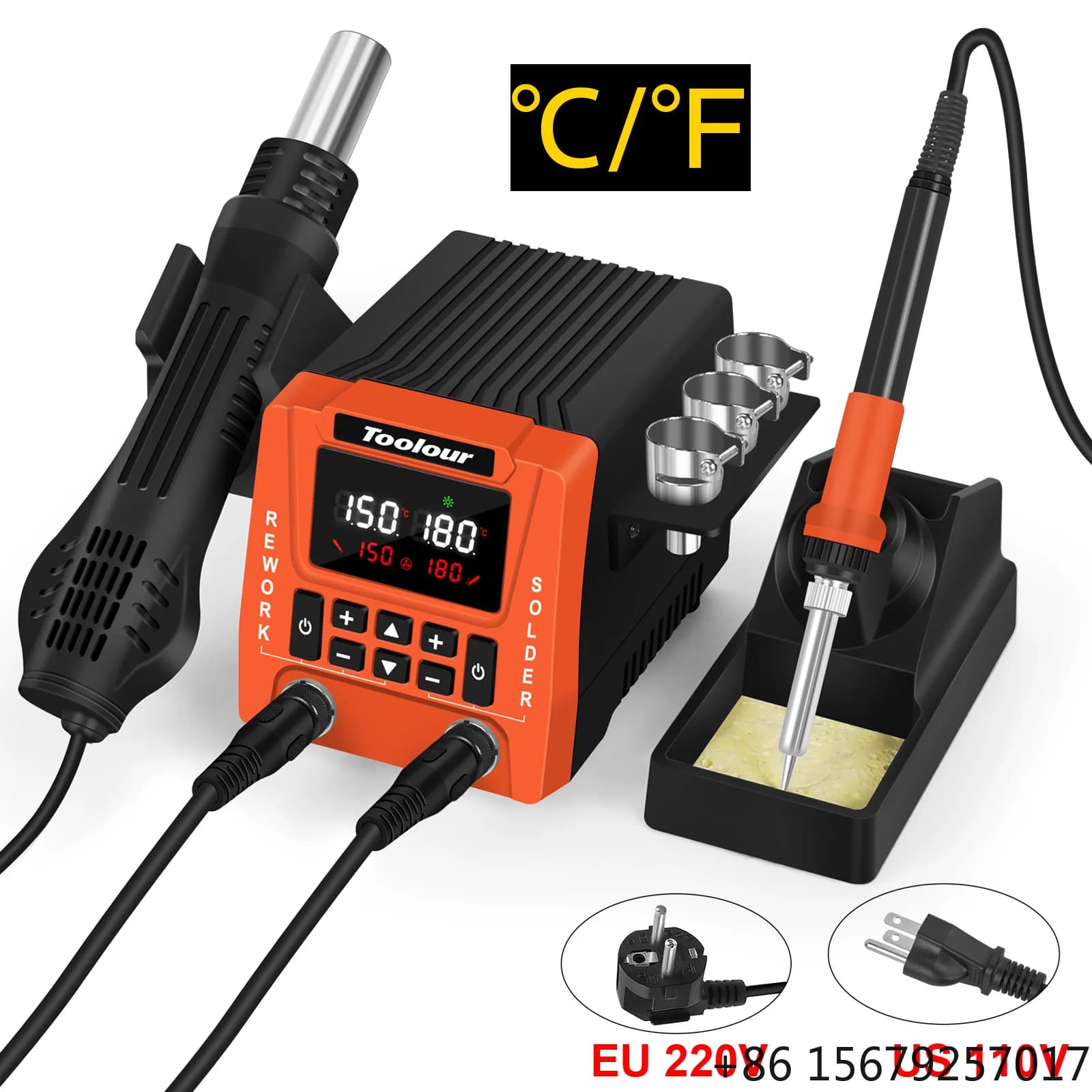 851 Hot Air Soldering Iron Station 2-IN-1 for Rework, Desoldering with 3 Hot Air Nozzles, Soldering Iron Stand, Heat Gun Holder