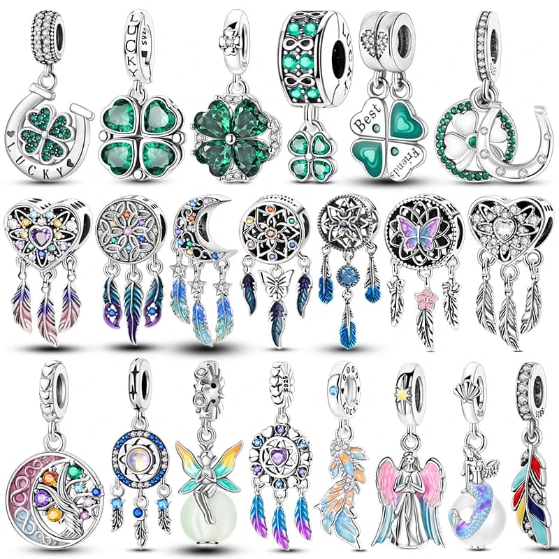 charms plata de ley 925 Wish for Good Luck Four Leaf Clovers Dreamcatchers Pendant Bead Fits 3mm Bracelet Necklace Women Jewelry