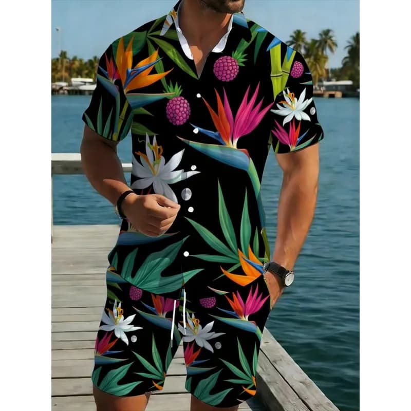 Men's Tropical Printed Polyester Shirt Shorts Set Comfortable Durable for Warm Weather Beach Vacation Outfit